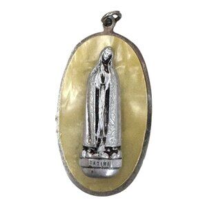 Vintage Fatima Devotional Medal Silver & Pearlescent Religious Pendant Germany